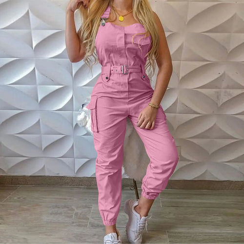 Cool Girl Work Suit Loose Solid Long Pants Strap Low Neck Sleeveless Pocket Jumpsuit With Waistband Soft Comfortable Female Suit