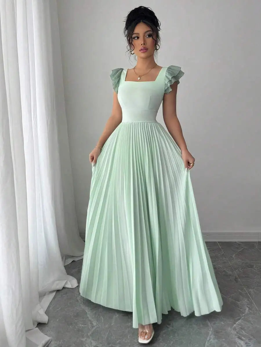 Elegant Mint Green Square Neck Ruffled Sleeve Pleated Maxi Dress