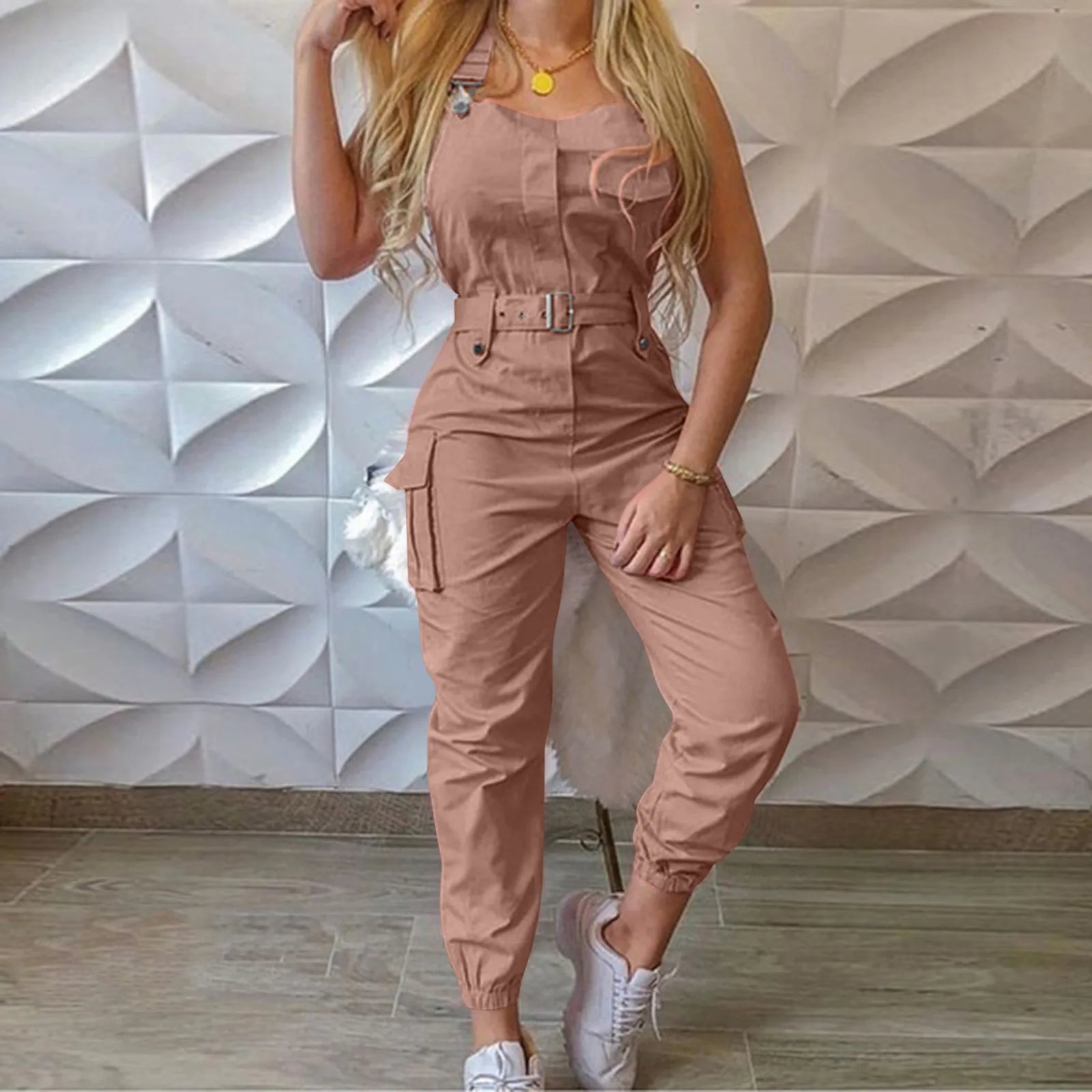 Cool Girl Work Suit Loose Solid Long Pants Strap Low Neck Sleeveless Pocket Jumpsuit With Waistband Soft Comfortable Female Suit